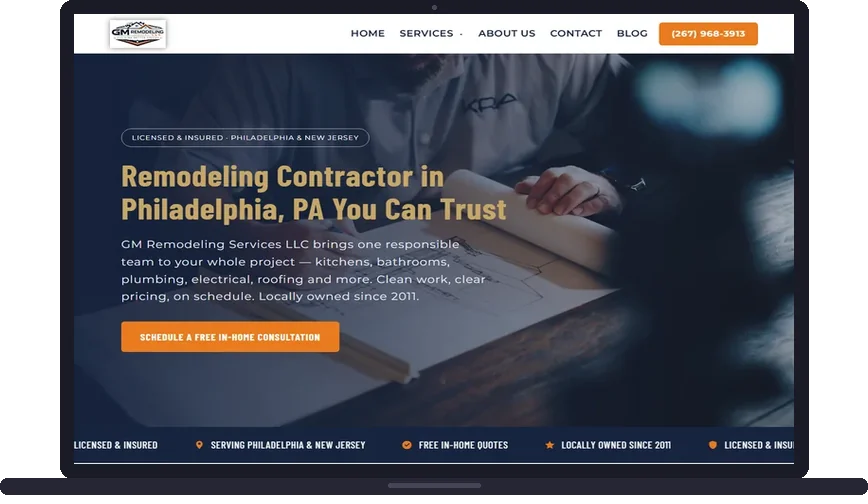Site criado pelo Meu Site EUA para GM Remodeling — Reforma e remodelação em Philadelphia, PA